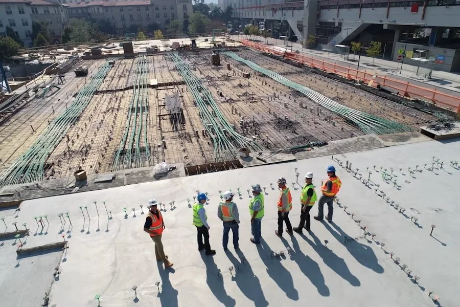 Image d'un chantier vu du dessus avec une équipe d'ouvrier. Cette image permet de mettre en évidence le service d'assurance en bâtiment proposé par SAGERI